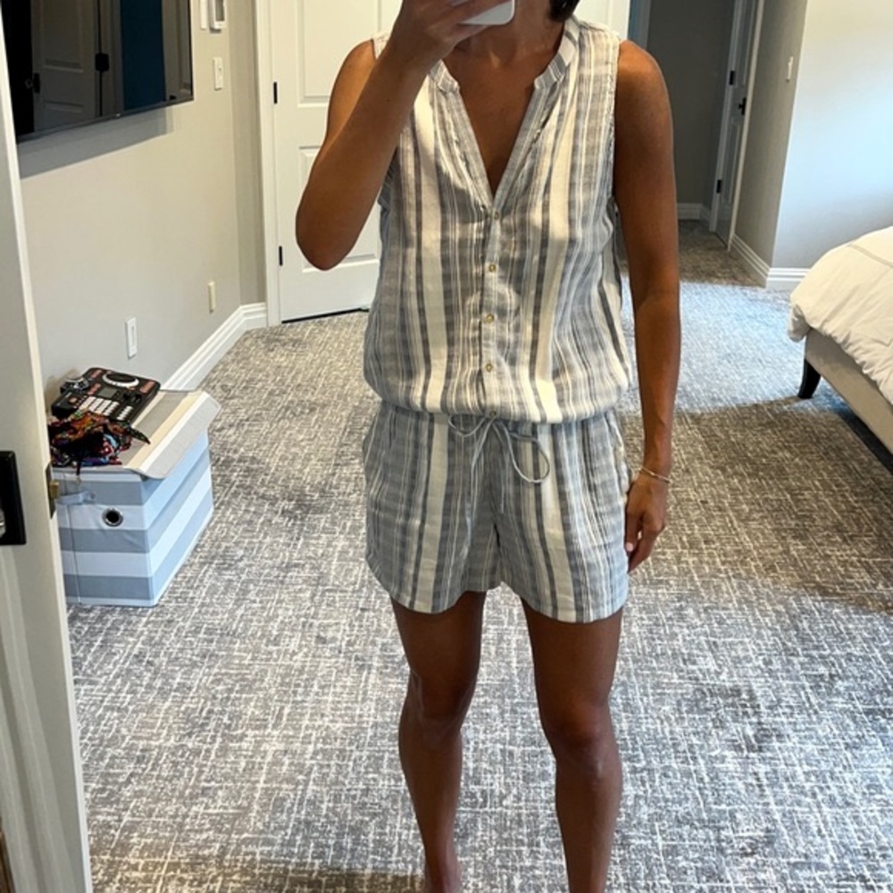 Soft Joie White & Blue Striped Linen Romper